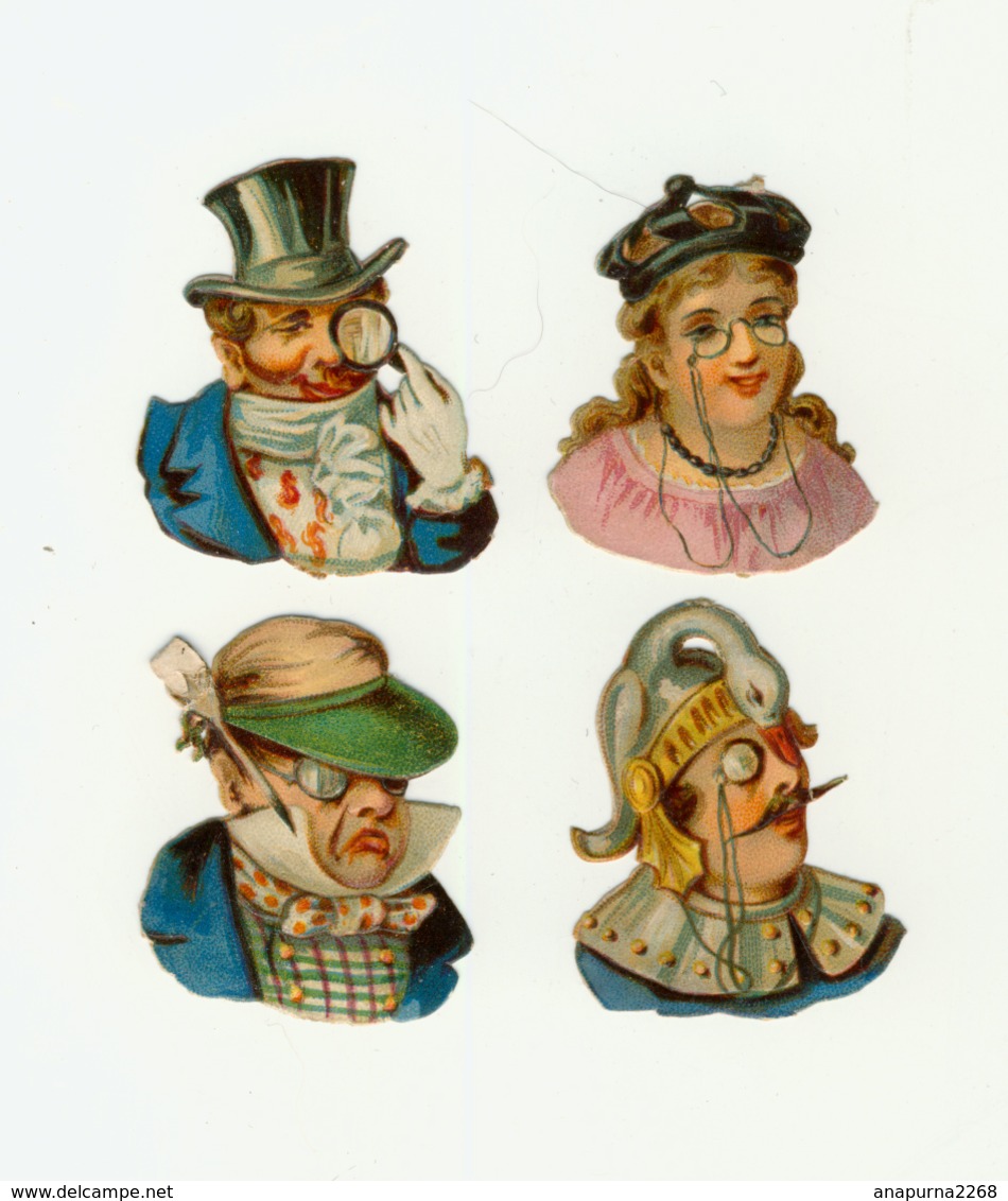 4 CHROMOS  DECOUPIS  PERSONNAGES CARICATURES  MONOCLE    3.5 /3 Cm - Autres & Non Classés