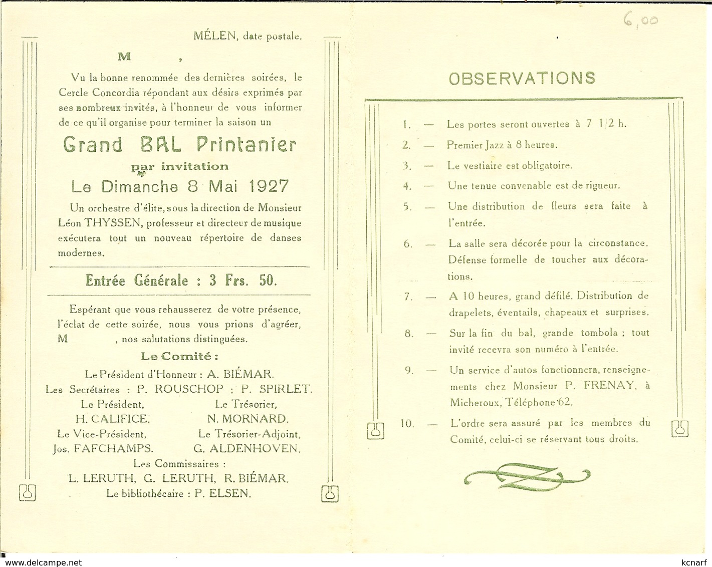 Carte Avec Enveloppe De Mélen " Cercle Concordia , Bal Printanier 1927 " - Documents Historiques