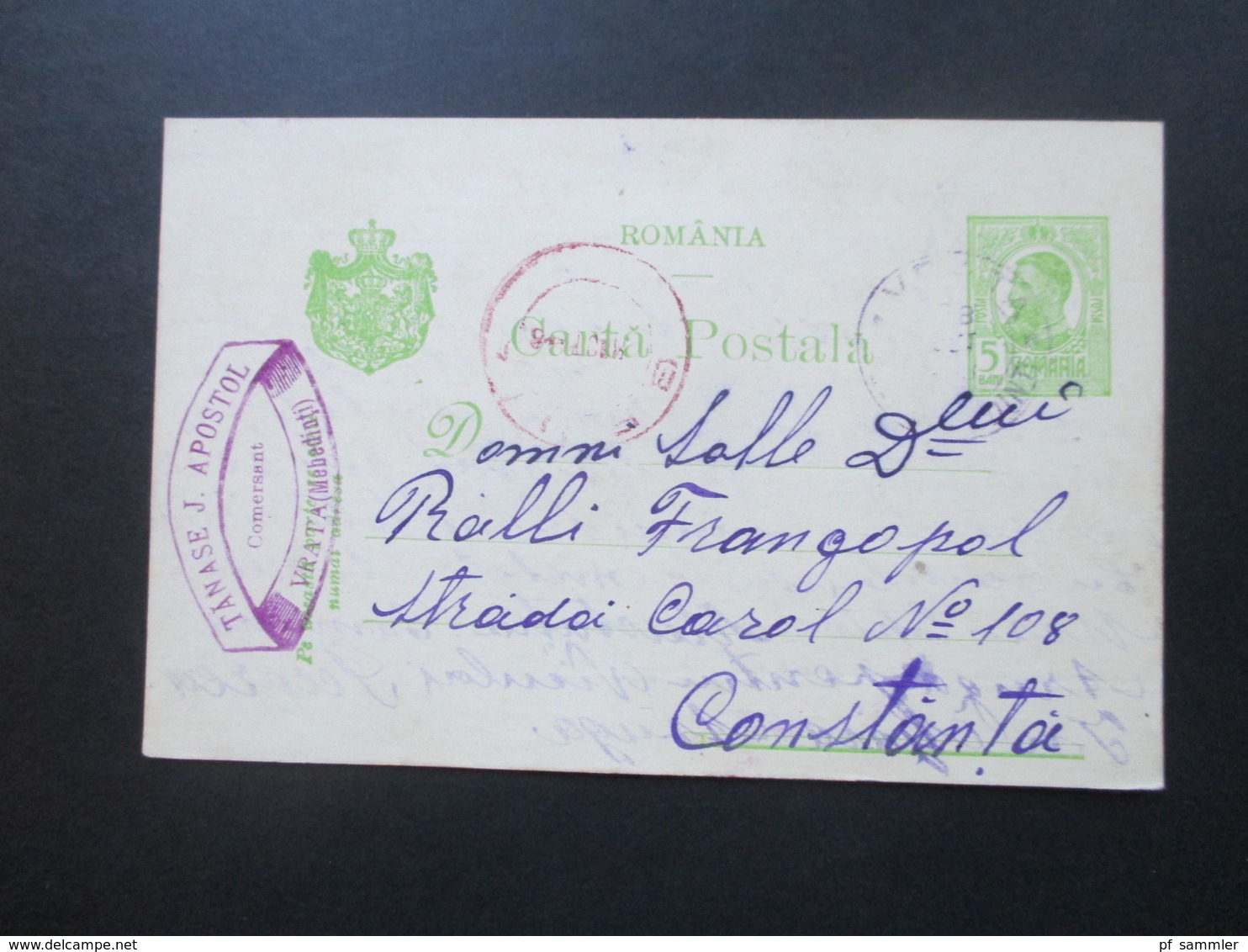 Rumänien 1913 Ganzsache Mit Violettem Stempel!! Tanase J. Apostol Comersent Vrata (Mebedinti) - Covers & Documents