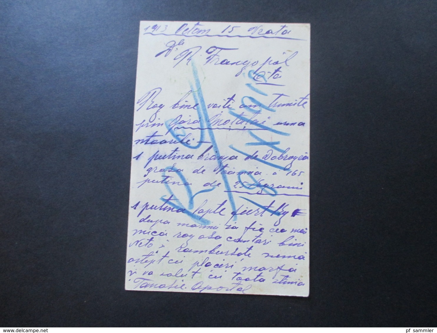 Rumänien 1913 Ganzsache Mit Violettem Stempel!! Tanase J. Apostol Comersent Vrata (Mebedinti) - Cartas & Documentos