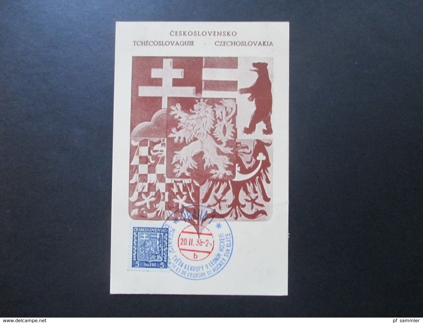 CSSR 1938 Sonderkarte Mit Zweifarbigem Stempel Praha 1 Hockes Sur Glace - Storia Postale