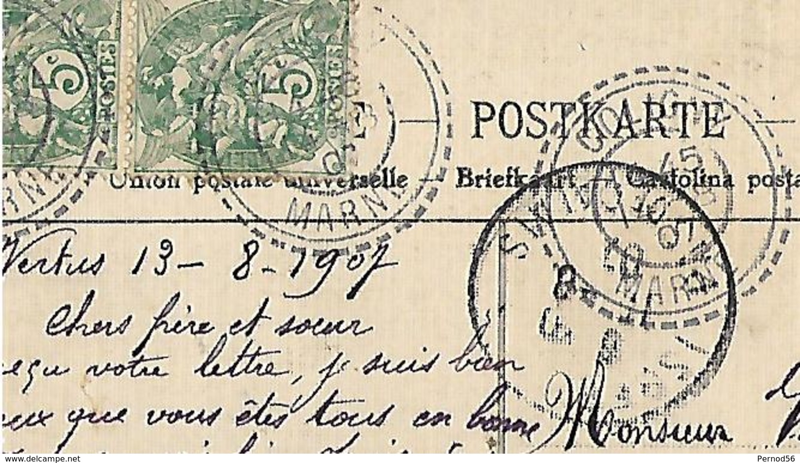 Timbre à Date Type  22 Bureau De Distribution Mont Aimé  Carte De Mont Aimé  Bergères Lès Vertus - Algemene Zegels