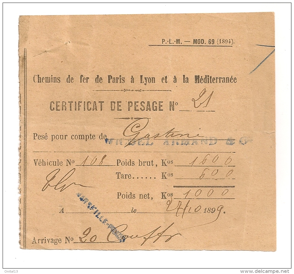 1899 CERTIFICAT DE PESAGE MARSEILLE PRADO / CHEMIN DE FER DE PARIS A LYON A LA MEDITERRANEE PLM  B91 - Railway