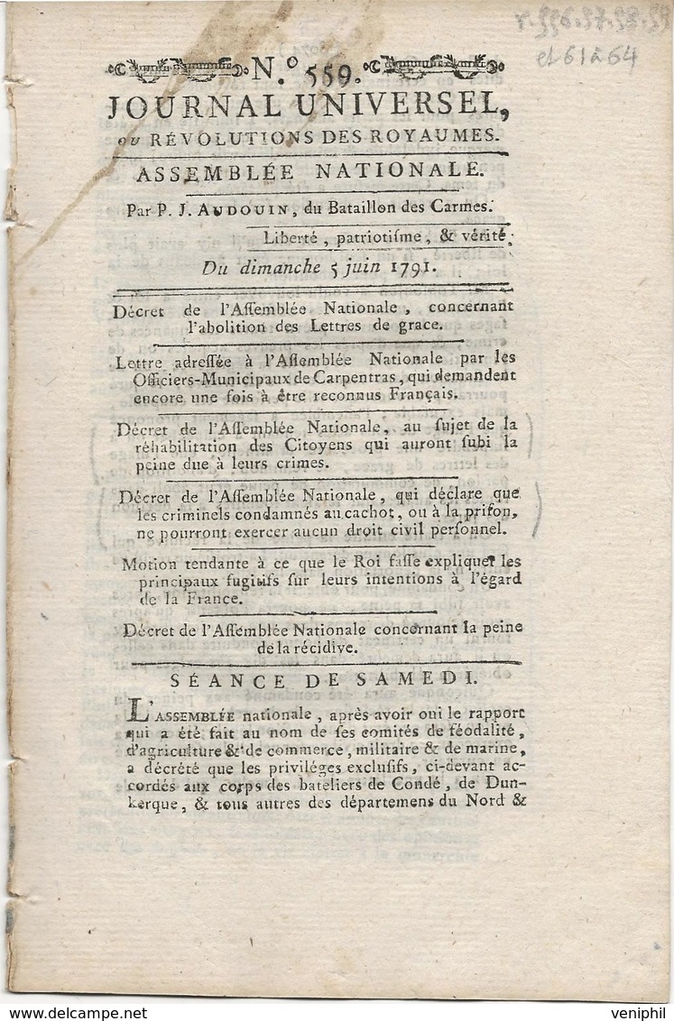 JOURNAL UNIVERSEL -DIFFERENTS DECRETS ASSEMBLEE NATIONALE DONT L'ABOLITION DES LETTRES DE GRACE - 5 JUIN 1791 - Décrets & Lois