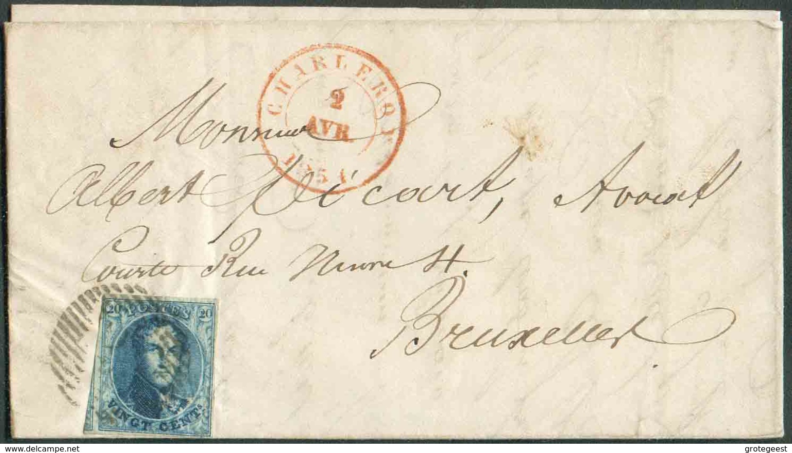 N°4 - Médaillon 20 Centimes Bleu, Bien Margé Et Voisin à Gauche, Obl. P.25 Sur Lettre De CHARLEROI Le 2 Avril 1851 Vers - 1849-1850 Medallions (3/5)