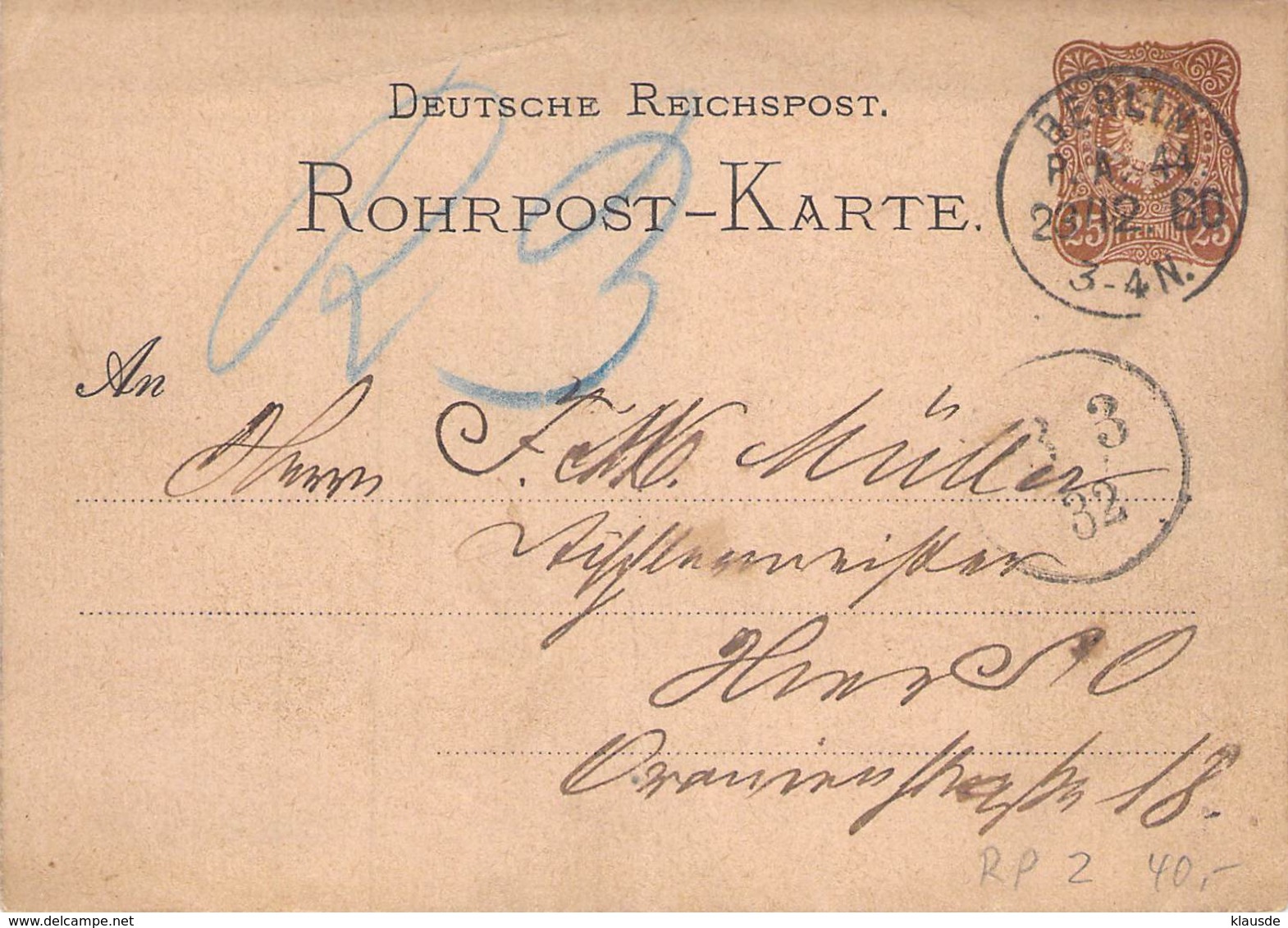 RP2 Deutsches Reich 1880 Rohrpost Berlin - Cartes Postales