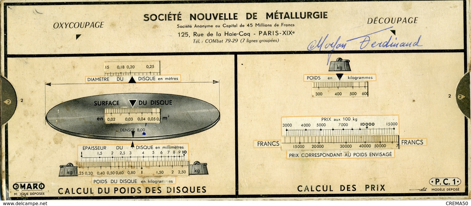 Ancien Document, Règle De Calcul De Pièces Métallurgiques - Altri & Non Classificati