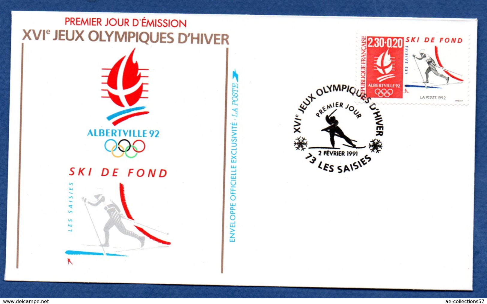 Enveloppe Premier Jour  / Jeux Olympiques Albertville / Ski De Fond  /  Les Saisies /  2 Février 1991 - 1990-1999