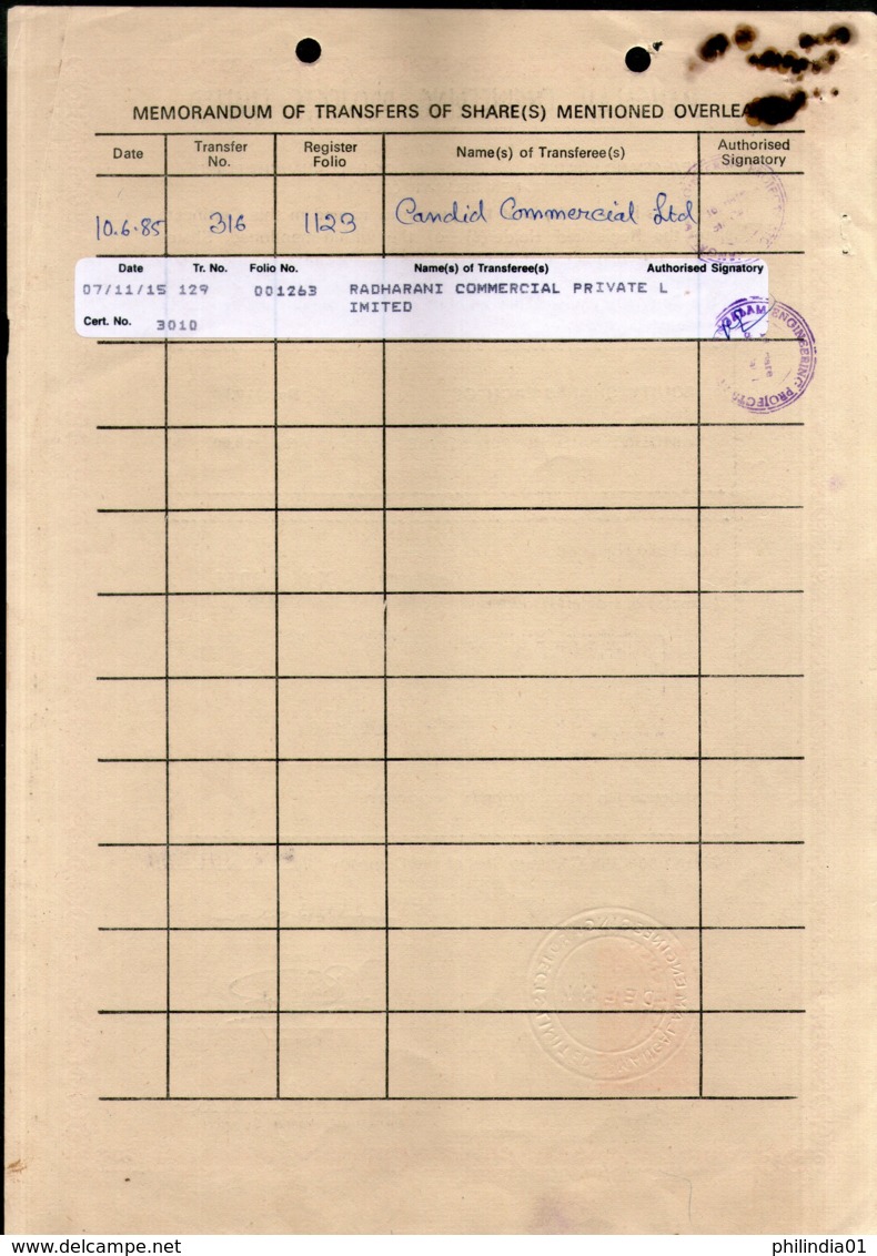 India 1984's Mangalam Engineering Project Ltd. Share Certificate + Revenue # FA3 - Industrie