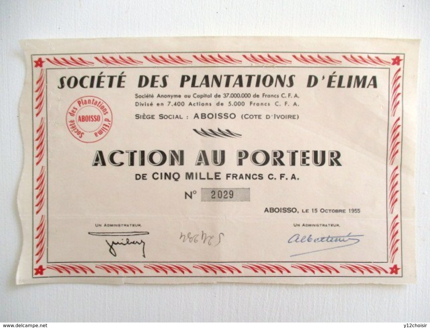 ACTION 5000 FRANCS CFA TITRE AU PORTEUR SOCIETE DES PLANTATIONS DE CAFE D ELIMA ABOISSO COTE D IVOIRE AFRIQUE - Afrique