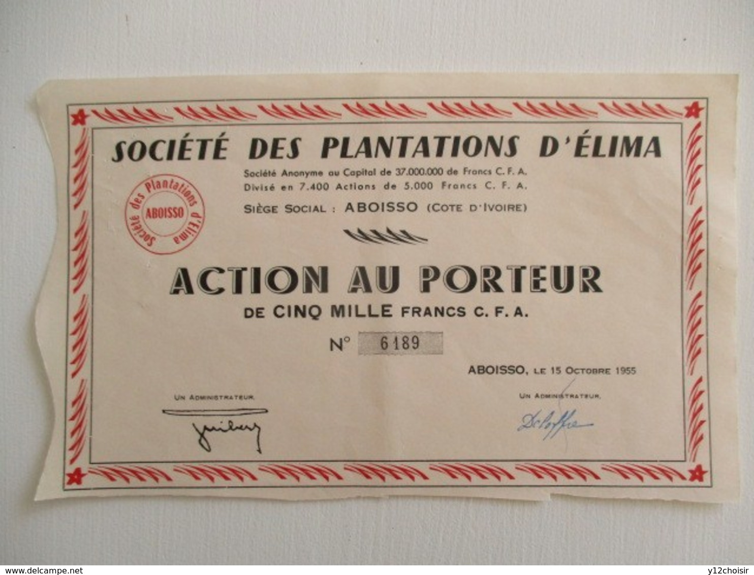 ACTION 5000 FRANCS CFA TITRE AU PORTEUR SOCIETE DES PLANTATIONS DE CAFE D ELIMA ABOISSO COTE D IVOIRE AFRIQUE - Afrique