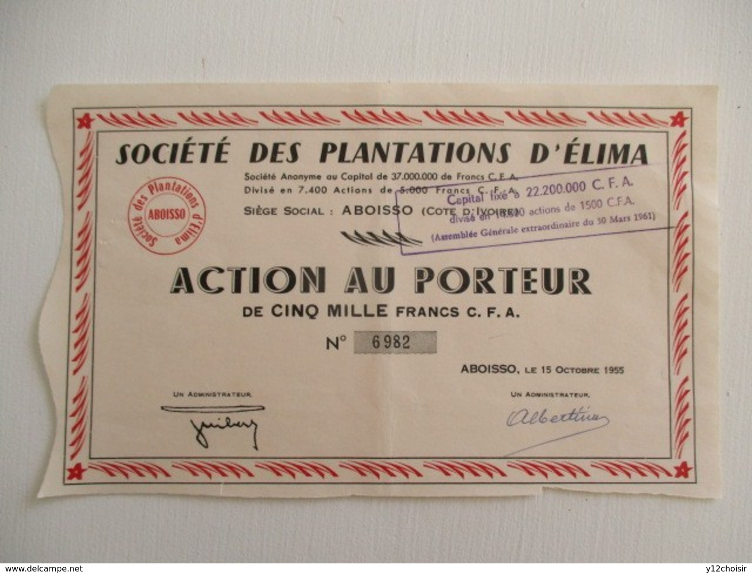 ACTION 5000 FRANCS CFA TITRE AU PORTEUR SOCIETE DES PLANTATIONS DE CAFE D ELIMA ABOISSO COTE D IVOIRE AFRIQUE - Afrique
