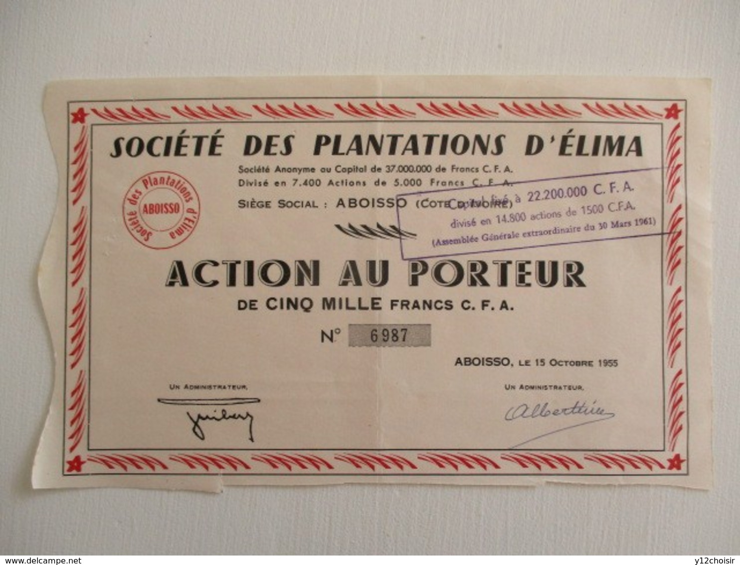 ACTION 5000 FRANCS CFA TITRE AU PORTEUR SOCIETE DES PLANTATIONS DE CAFE D ELIMA ABOISSO COTE D IVOIRE AFRIQUE - Afrique