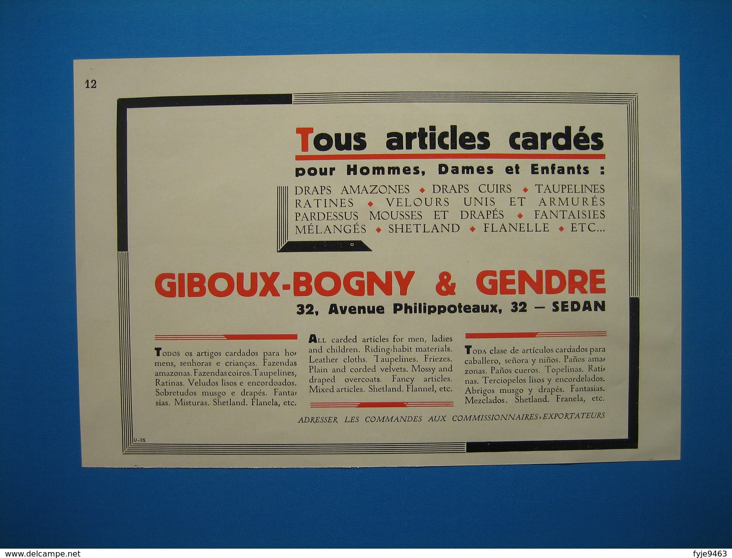 (1937) Tous Tissus Cardés - GIBOUX-BOGNY & GENDRE - Avenue Philippoteaux à Sedan - Advertising