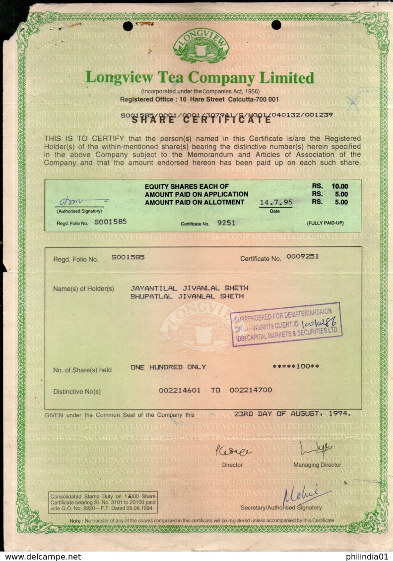 India 1994's Longview Tea Company Ltd. Share Certificate # FA12 - Industry