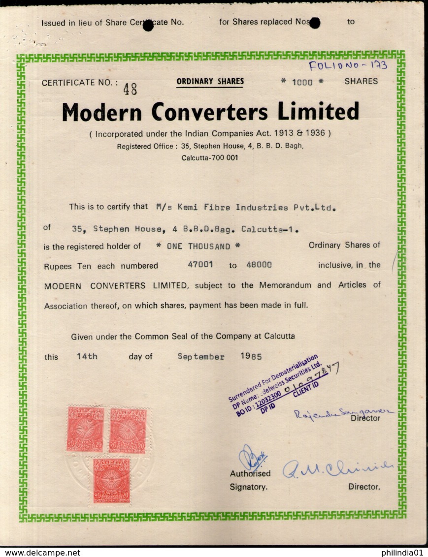 India 1985's Modern Converters Ltd. Share Certificate With Revenue Stamp # FA13 - Industrie