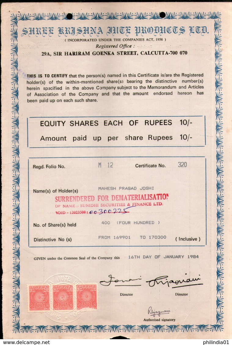 India 1984's Shree Krishna Jute Product Ltd. Share Certificate + Revenue # FA14 - Industry