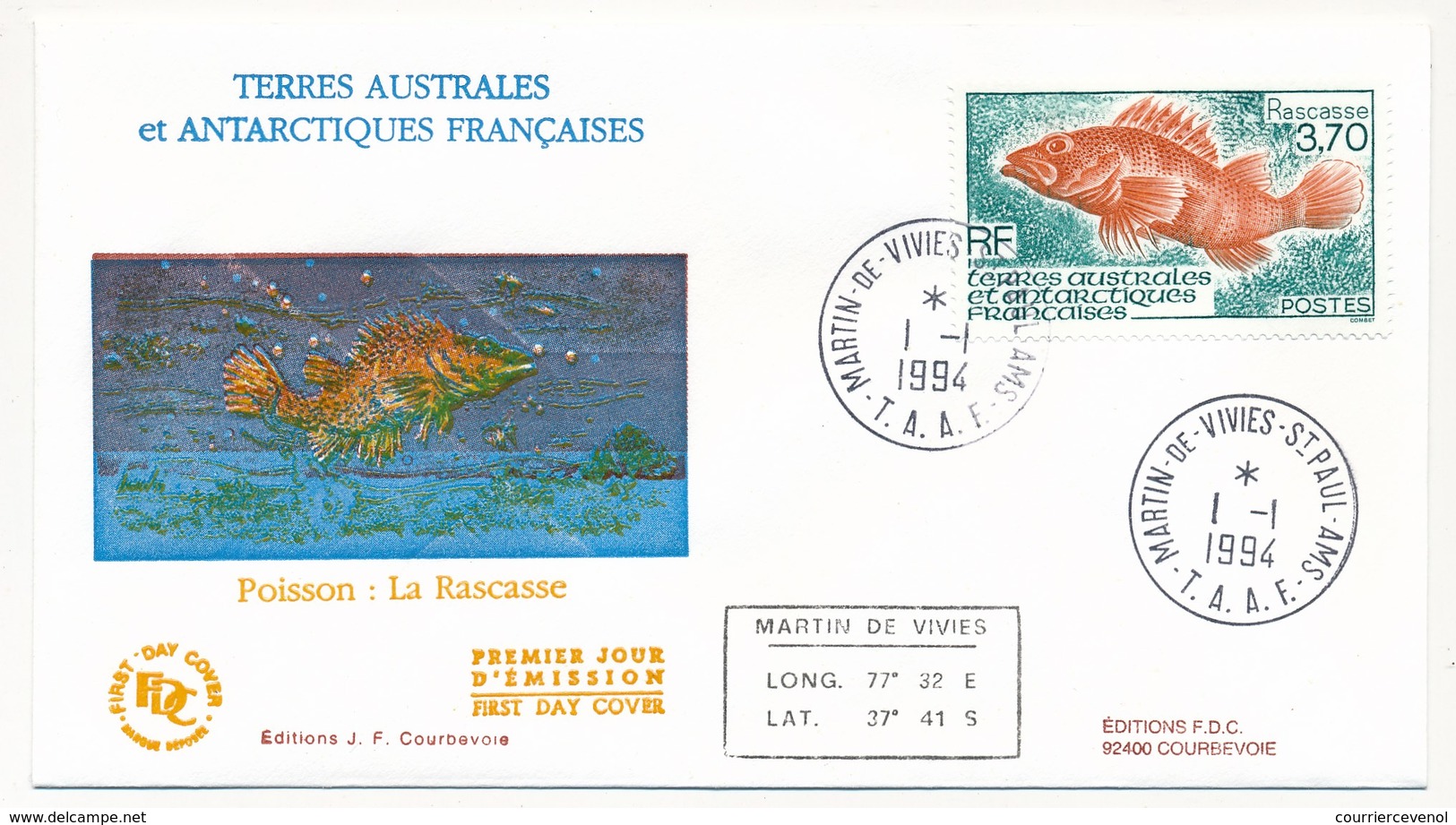 TAAF - Enveloppe FDC - 3,70 La Rascasse - Martin De Vivies St Paul Amsterdam - 1-1-1994 - FDC