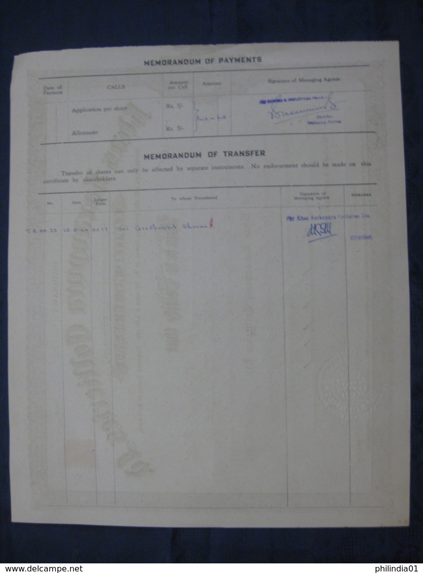 India 1963's Khas Karanpura Collieries Ltd. Mine Share Certificate Revenue # FB1 - Mijnen