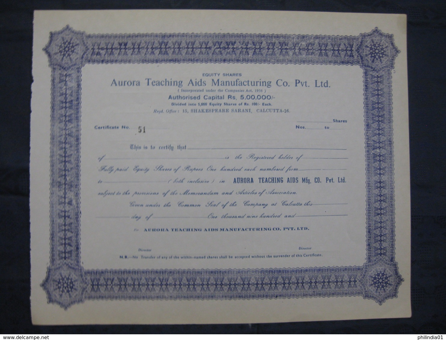 India Aurora Teaching Aids Manufacturing Co.Pvt Ltd. Share Certificate # FB3 - Industry