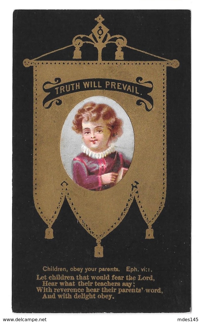 Victorian Chromo Card Christian Bible Quote For Children Gold Banner On Black - Autres & Non Classés