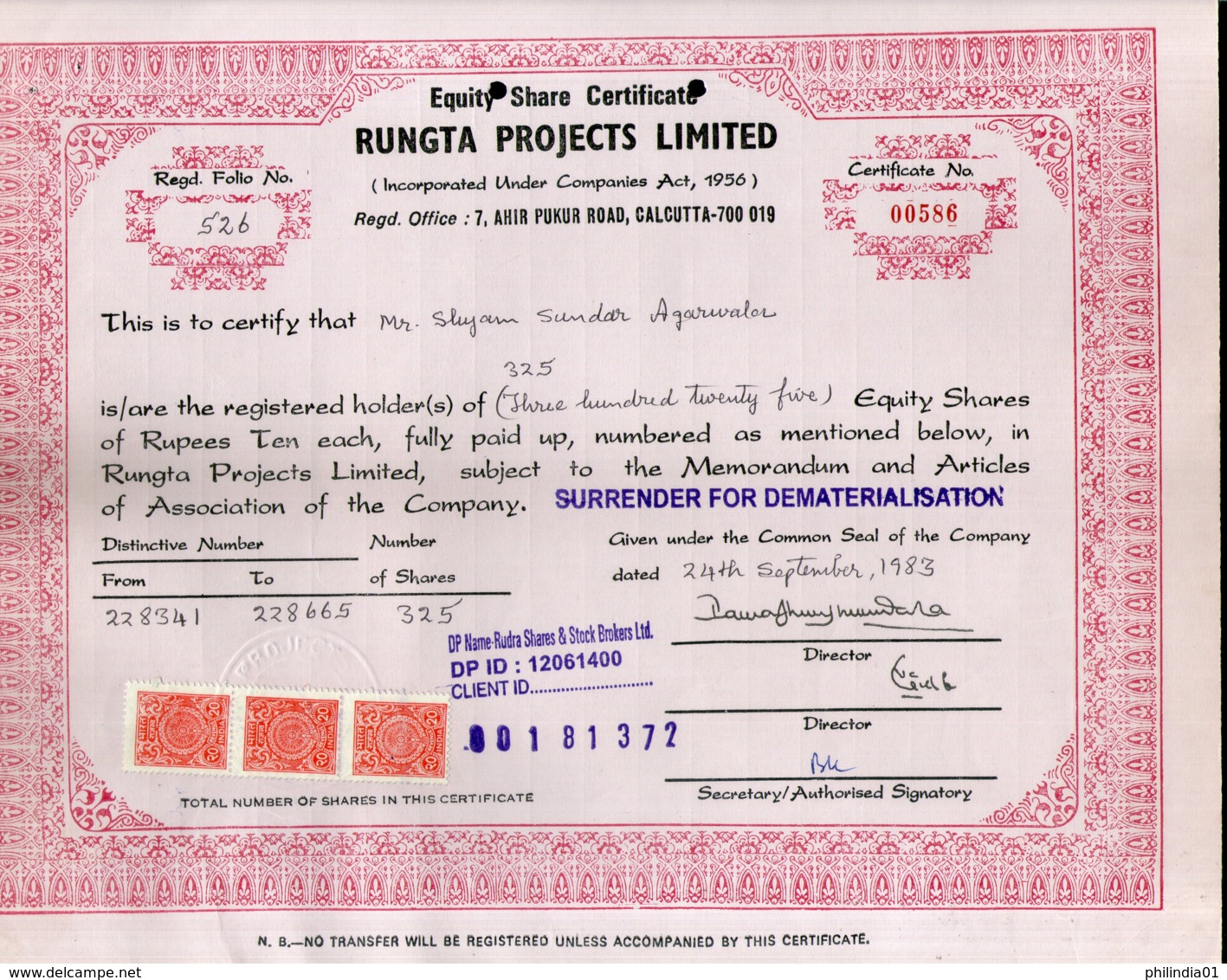 India 1983's Rungta Project Ltd. Share Certificate + Revenue Stamp # FB13 - Industrie