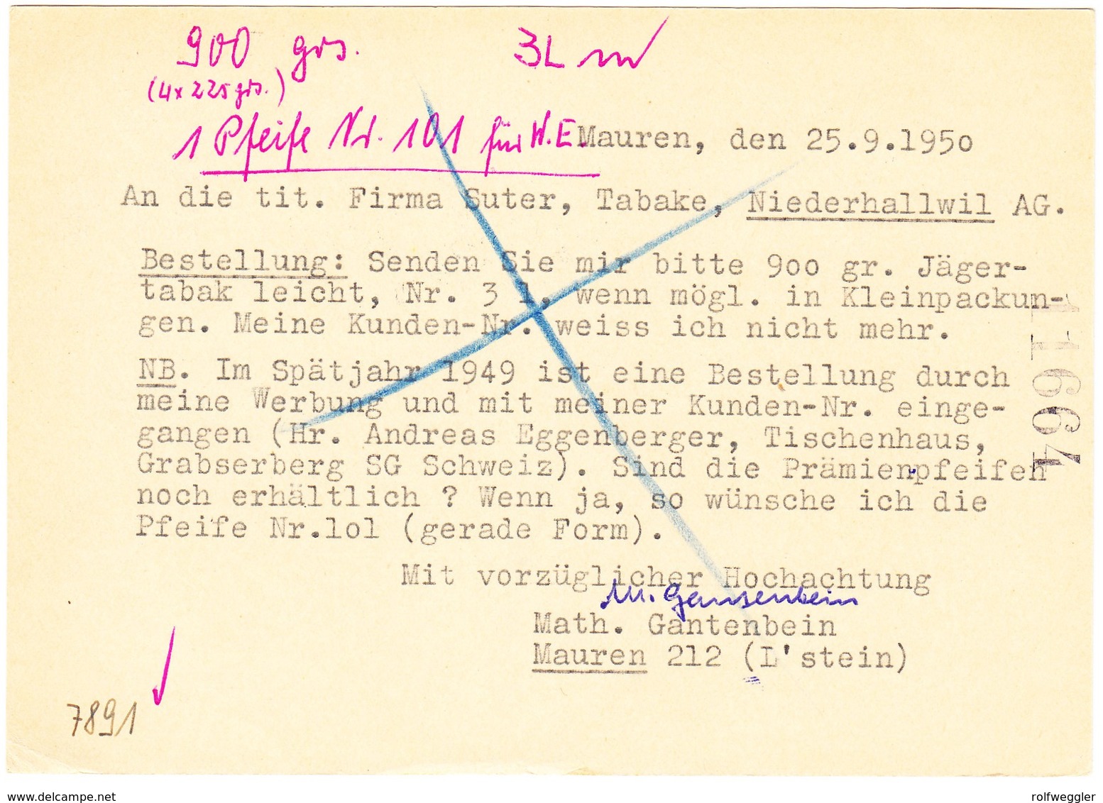 1950 10Rp. Ganzsache Aus Schaan Nach Niederhallwil; Bestellung 900gr Jägertabak - Entiers Postaux