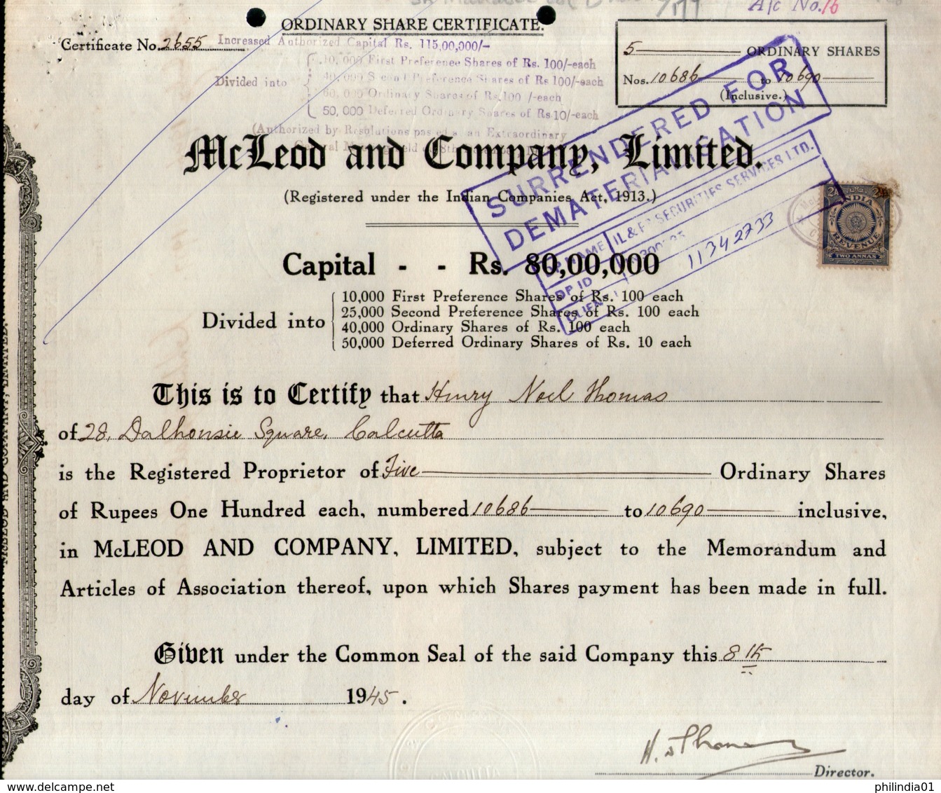 India 1945's McLeod & Company Ltd. Share Certificate + Revenue Stamp # FB15 - Industry