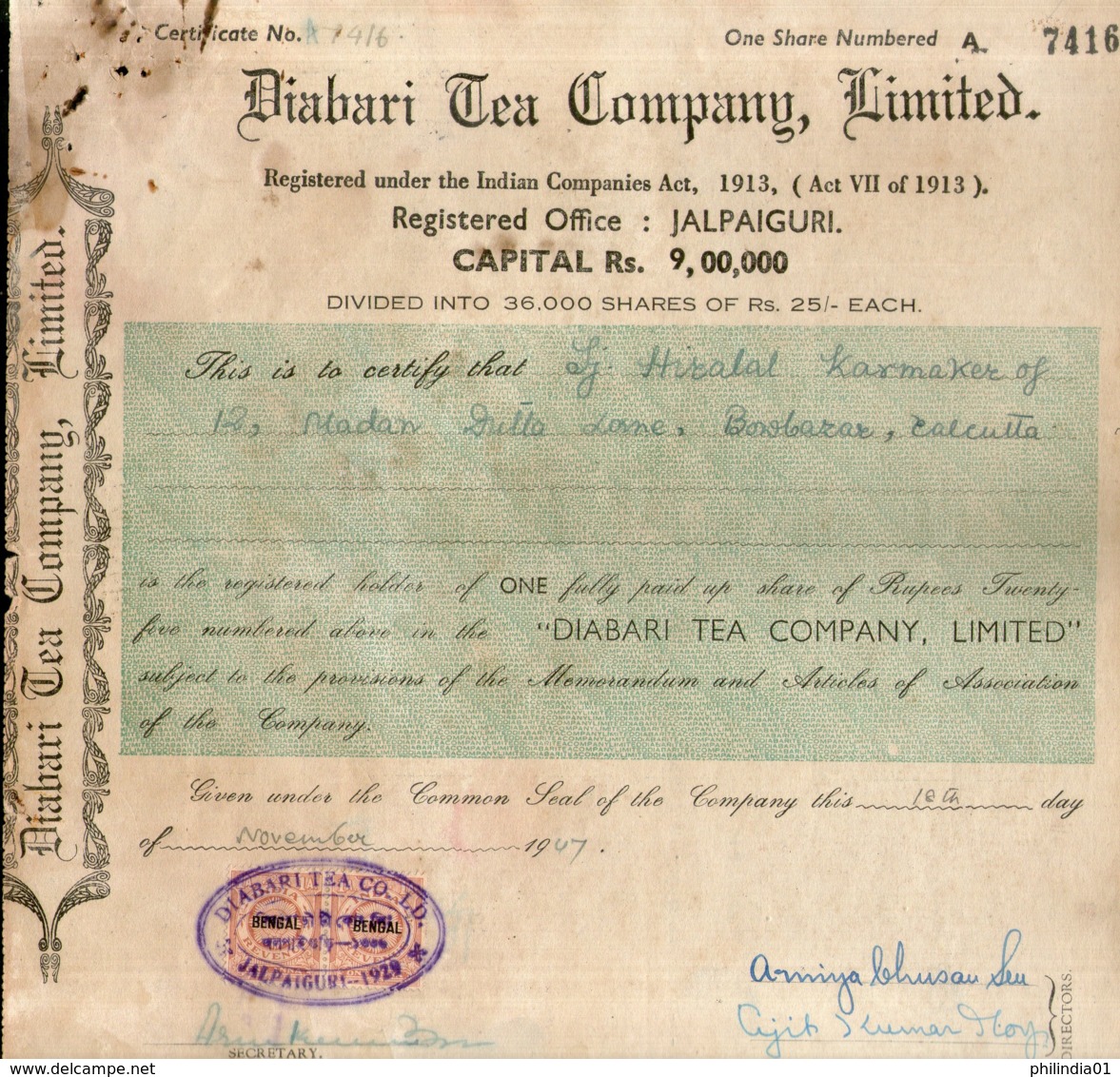 India 1947's Diabari Tea Company Ltd. Share Certificate # FB17 - Industrie