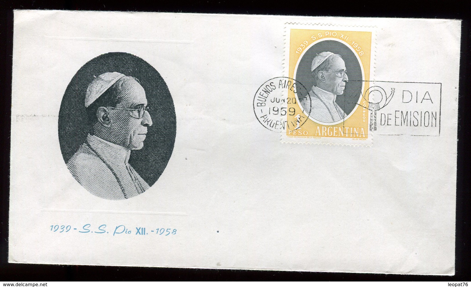 Argentine - Enveloppe FDC 1959 - S.S. Pie XII - O 139 - FDC