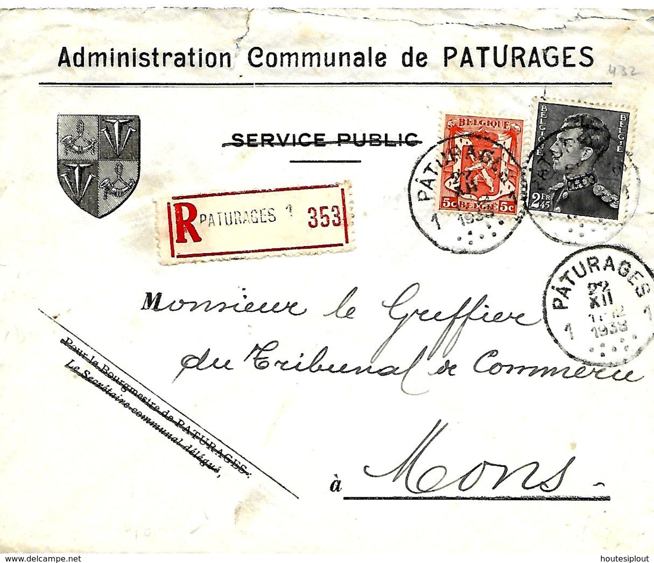 Belgique. TP 419 + 432  L. Rec. Pâturages 1 > Mons 1938    Absent - Lettres & Documents