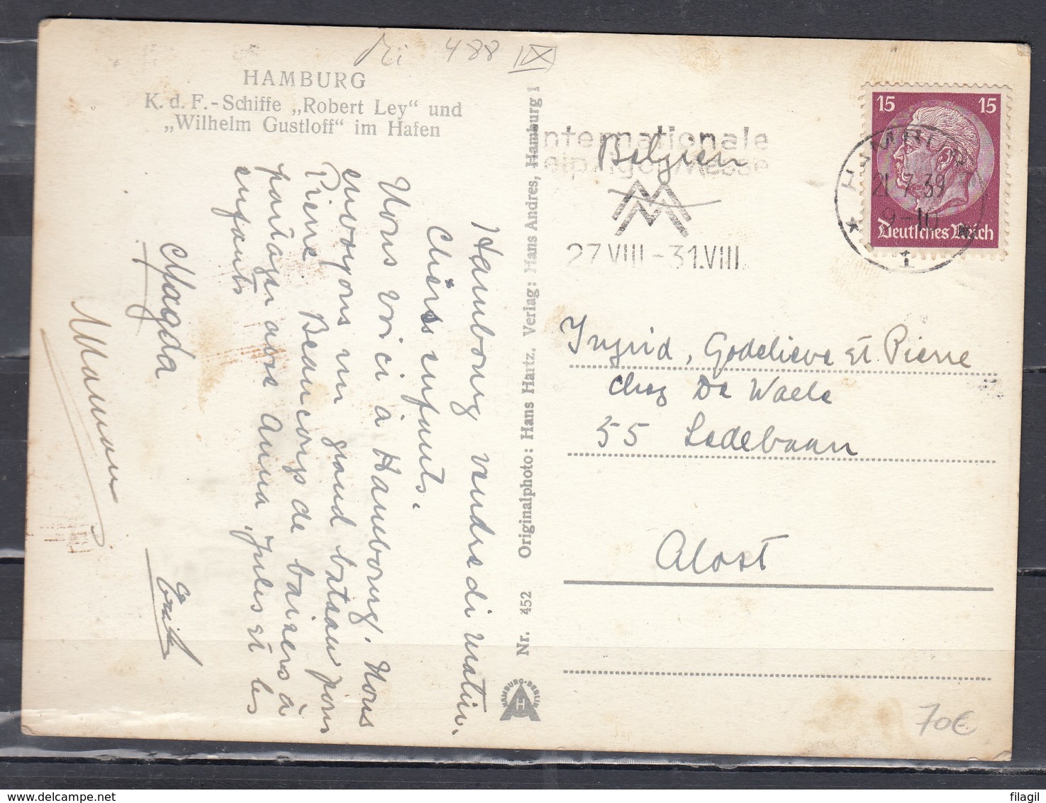 Postkarte Nr451 Von Hamburg 1 (sterstempel) Nach Alost (Nr 83) - Briefe U. Dokumente