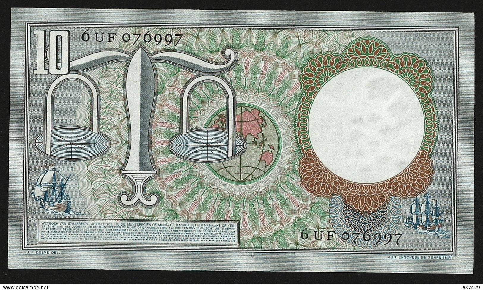 NETHERLANDS 10 GULDEN 1953 Hugo De Groot 6UF 076997 PICK#85 UNC EXTRA BANKNOTE - 10 Gulden