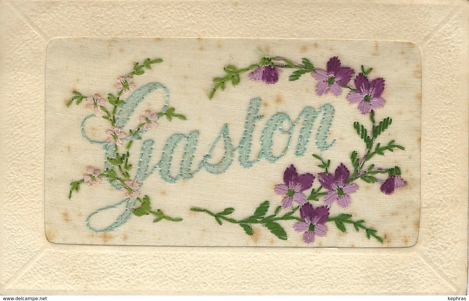 PRENOM - GASTON - Superbe Cpa Brodée Avec Fleurs - Firstnames