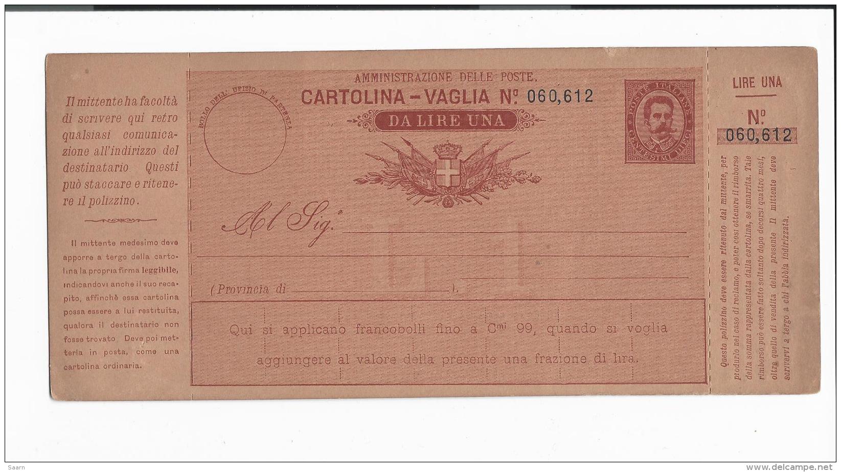 Italien A  2 **  -  10 Cmi  Umberto Postanweisung - Annulato - Stamped Stationery