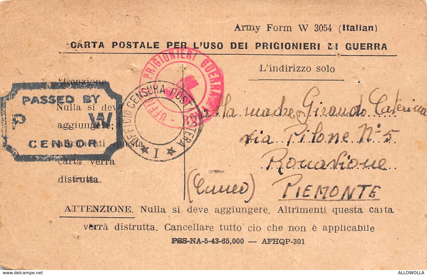 1379 " CARTA POSTALE PER L'USO DEI PRIGIONIERI DI GUERRA-DAL GEN. PETTAVINO MARIO ALLA MADRE" CART. POST. ORIG. SPED. - Guerra 1939-45