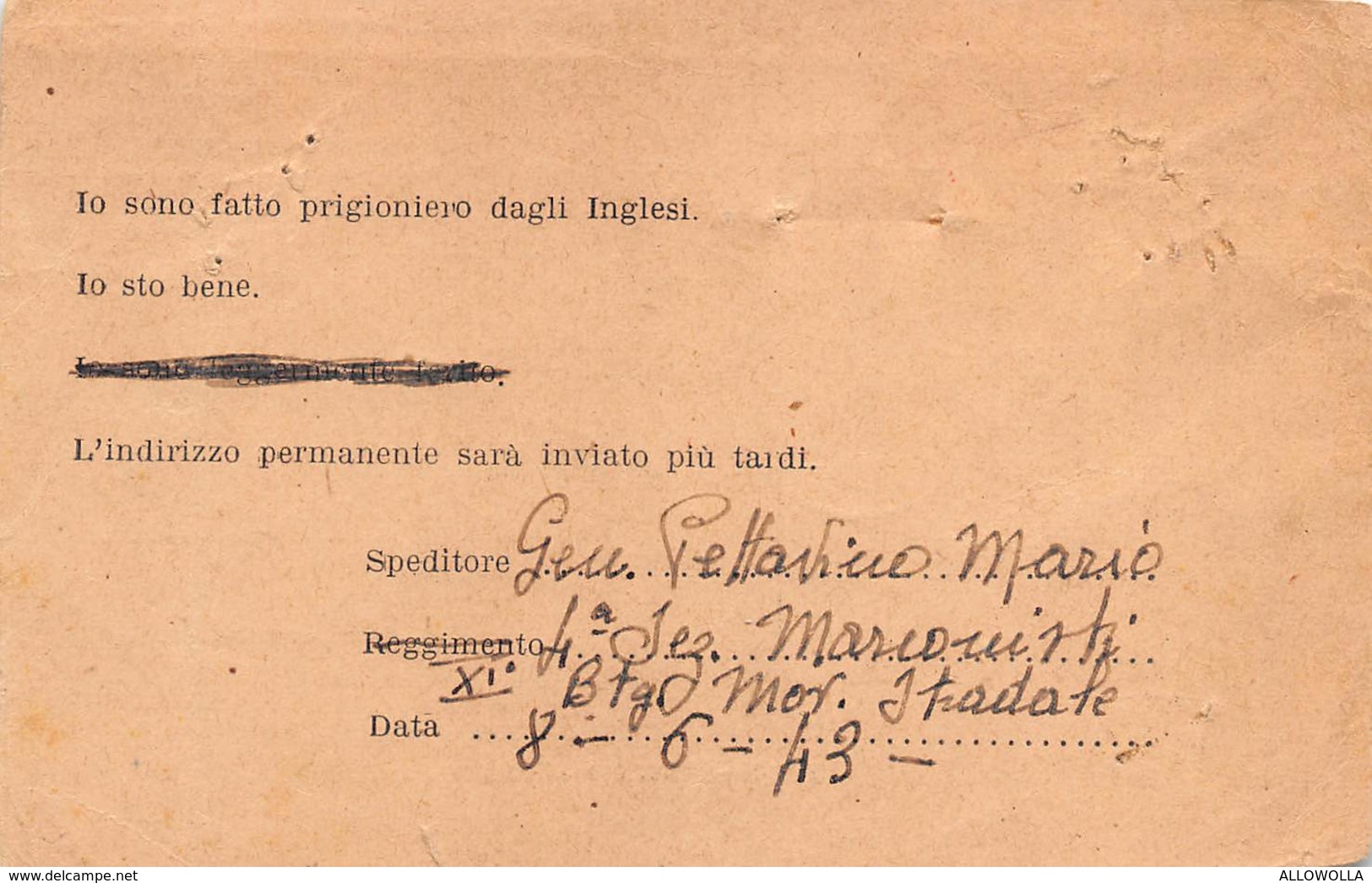 1379 " CARTA POSTALE PER L'USO DEI PRIGIONIERI DI GUERRA-DAL GEN. PETTAVINO MARIO ALLA MADRE" CART. POST. ORIG. SPED. - Guerra 1939-45