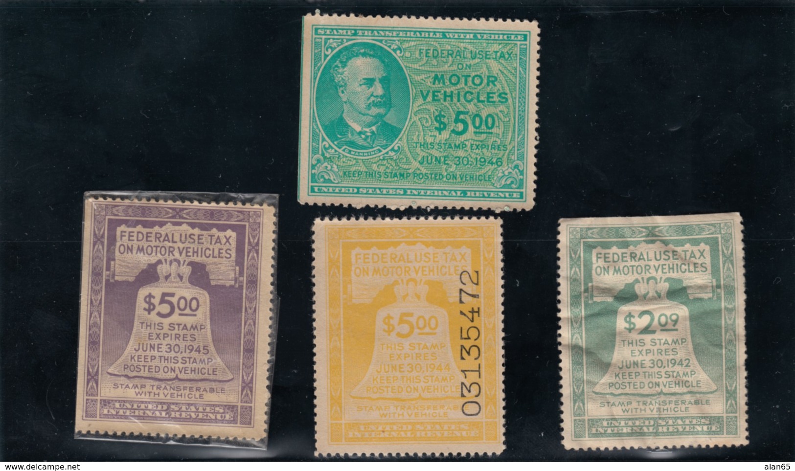 Sc#RV1 #RV18 #RV30 #RV43 1942-1946 Issue Motor Vehicle Use Revenue Lot Of 4 Unused Stamps - Revenues