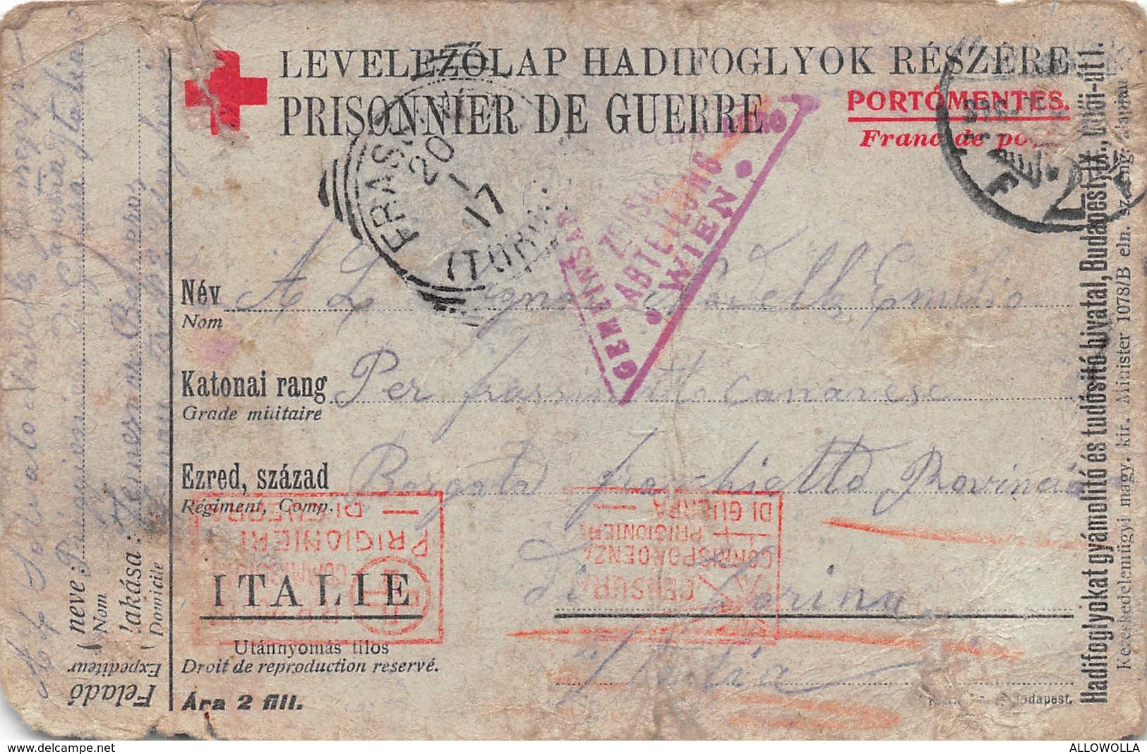 1384 " LEVEZOLAP HADIFOGLYOK RESZERE - PRISONNIER DE GUERRE" CART. POST. ORIG. SPED. - Guerra 1914-18