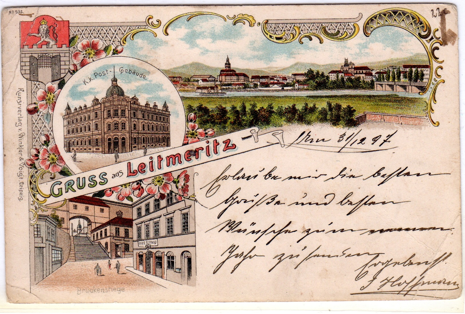 LEITMERITZ/LITOMERICE; Nordböhmen, Ustecky Kraj, K U K Postgebäude, Brückenstiege, Kunstverlag Winkler Leipzig, - Repubblica Ceca