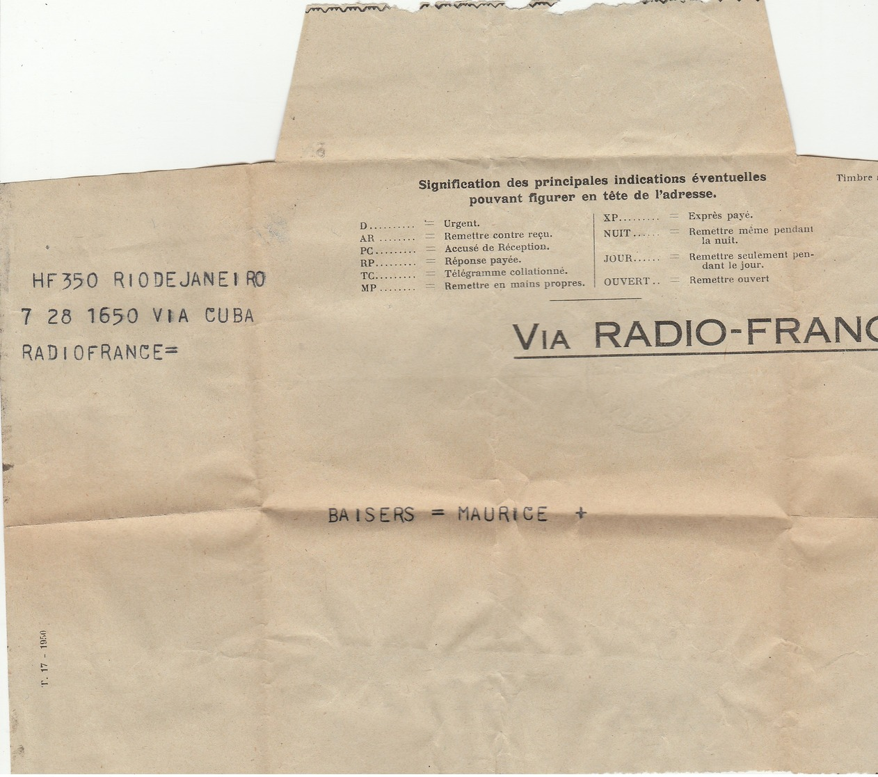 Pneumatique ?? Télégramme Via RADIO-FRANCE  - Divers Cachets - Rue De BUZENVAL -CASTEX - CROZATIER - Autres & Non Classés