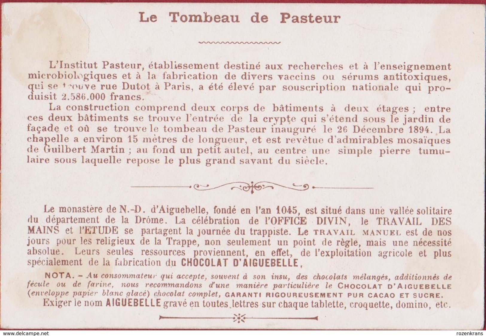 Chromo Chocolade Chocolat Chocolaterie D' Aiguebelle Monastere De La Trappe Trappist Louis Pasteur Le Tombeau - Aiguebelle