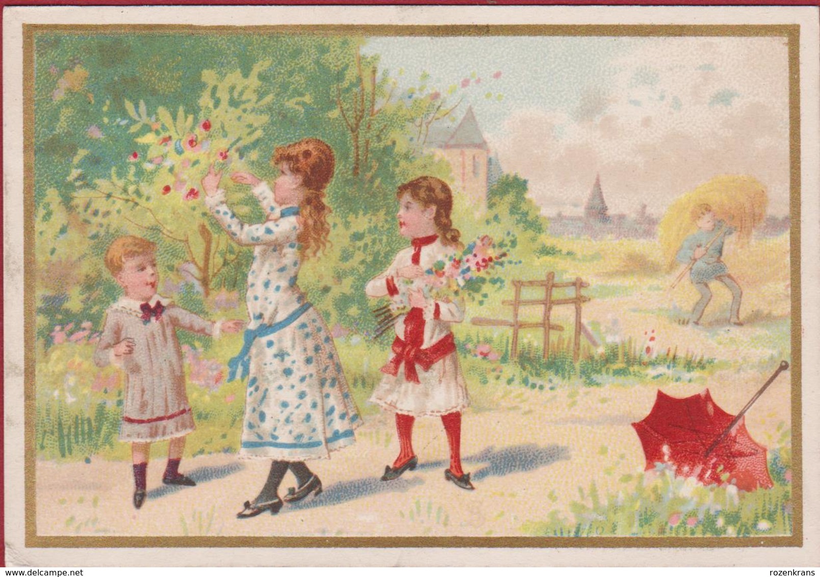 Old Chromo (Liebig Style) Litho Lithographie Kinderen Enfants Children Playing Paraplui Paraplu Umbrella - Autres & Non Classés