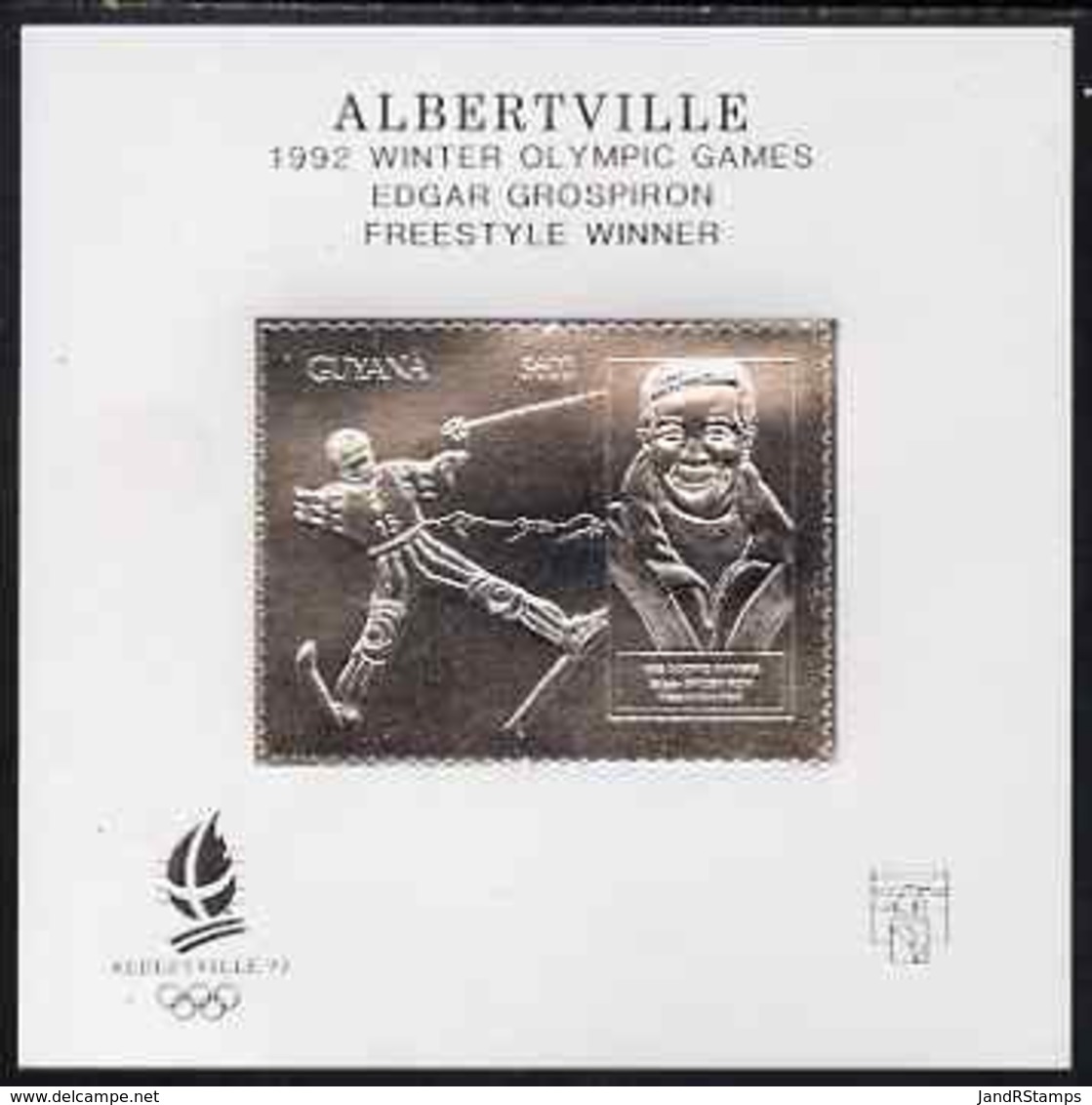 Guyana 1992 Albertville Olympic SKIING Games $600 Imperf Souvenir Sheet (Edgar Grospiron) Embossed In Silver On Thin Car - Guiana (1966-...)