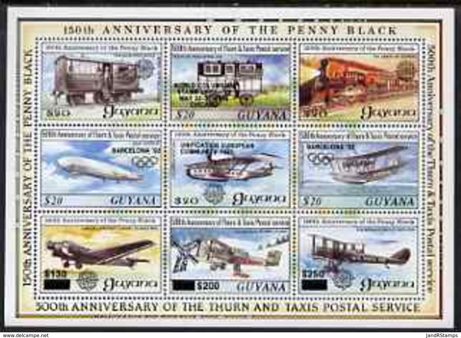 Guyana 1992 Anniversaries POSTAL TRANSPORT AVIATION RAILWAYS STAMP EXHIBITIONS ZEPPELINS AIRSHIPS FLYING BOATS OLYMPICS - Guyana (1966-...)
