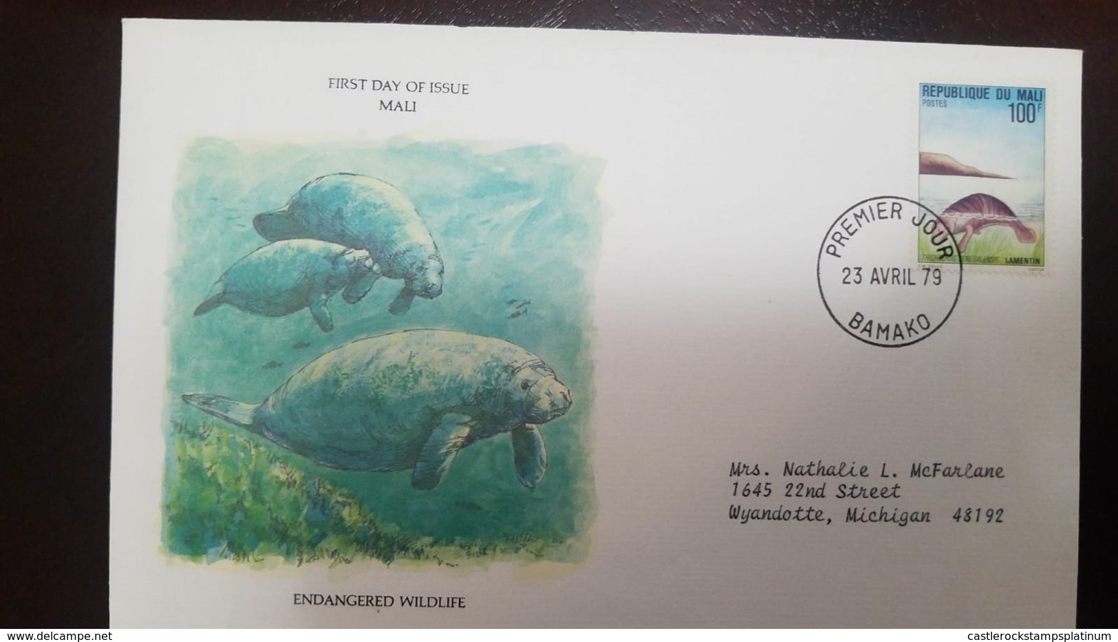 L) 1979 MALI, AFRICAN MANATEE, NATURE, FAUNA, 100F, CIRCULATED COVER FROM MALI TO USA - Mali (1959-...)