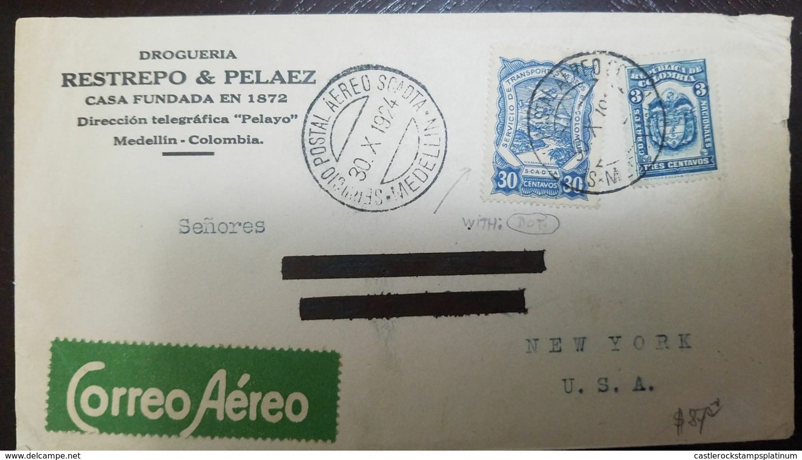 O) 1924 COLOMBIA, SCADTA -SEA PLANE OVER MAGDALENA RIVER SCT C42 30c BLUE- COAT OF ARMS SCT 372 3c BLUE, SERVICIO AEREO - Colombia