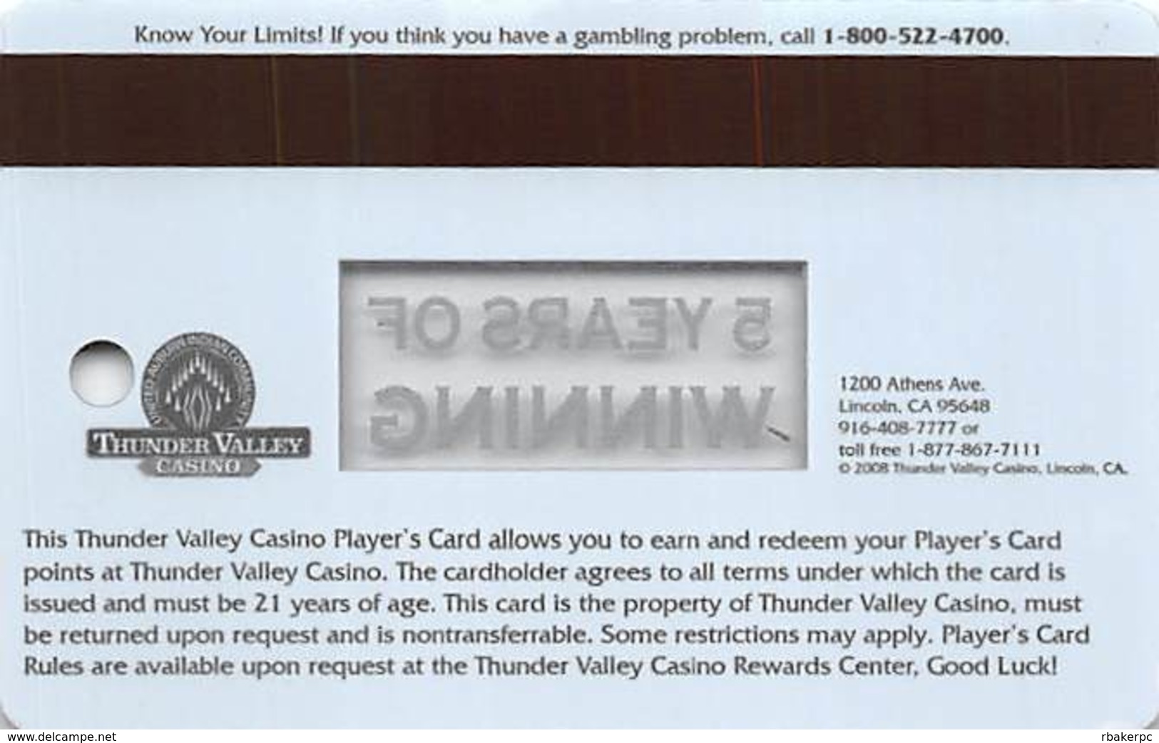 Thunder Valley Casino Lincoln CA - BLANK 5 Yr Anniversary Slot Card - Casino Cards