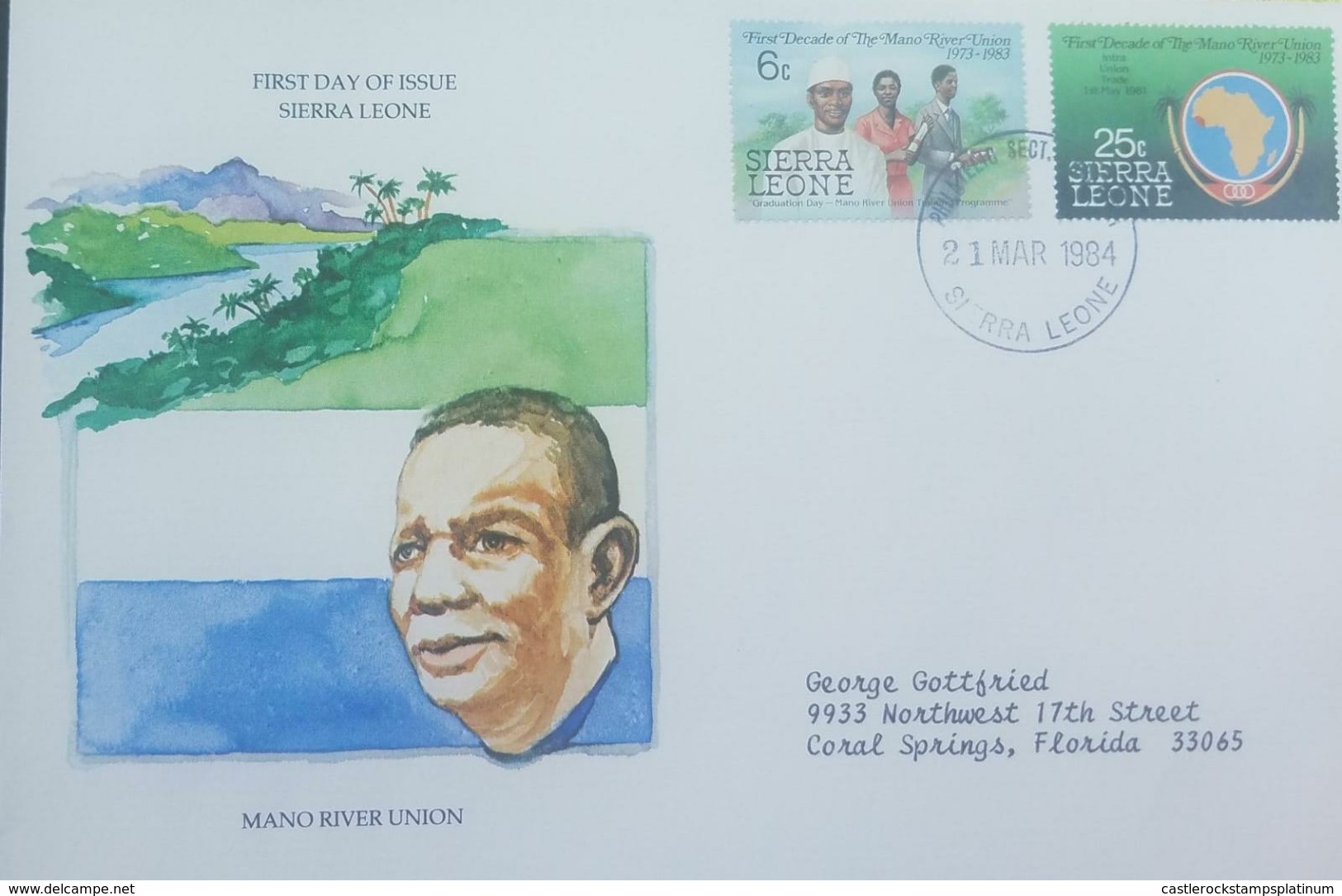 L) 1984 SIERRA LEONE, FIRST DECADE OF THE MANO RIVER UNION, 25C, MAP, PEOPLE, NATURE, CIRCULATED COVER FROM SIERRA LEONE - Sierra Leone (1961-...)