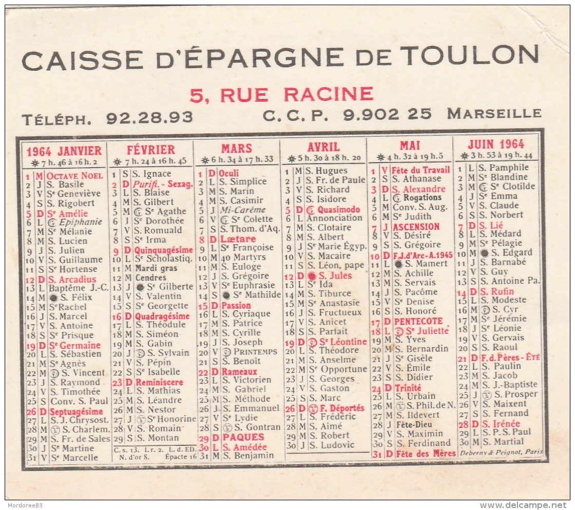 CALENDRIER  CAISSE D EPARGNE DE TOULON 1964 - Autres & Non Classés